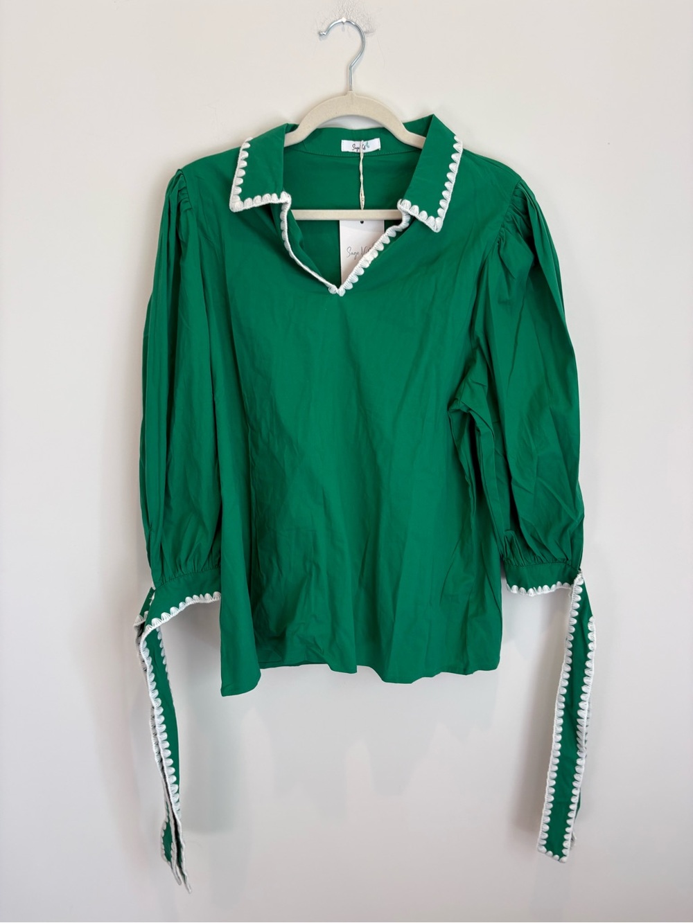 Green Puff-Sleeve Blouse with White Trim